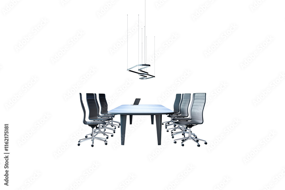 Poster office conference table with ergonomic chairs and a modern hanging light above, isolated on a white 