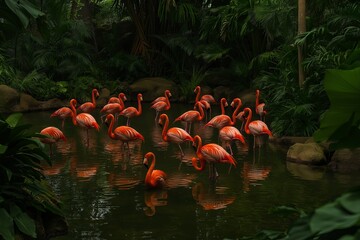 A flock of flamingos wading gracefully through shallow water, their reflections mirroring them. --ar 3:2 --style raw --profile du61nug --v 6.1 Job ID: 11451706-aae6-4c17-9368-2b06e2718ef2