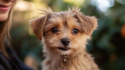 Close-up portrait of a happy small dog with fluffy fur, looking at the camera with a joyful expression