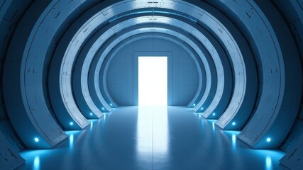 Fototapeta premium round bright futuristic corridor with a door at the end