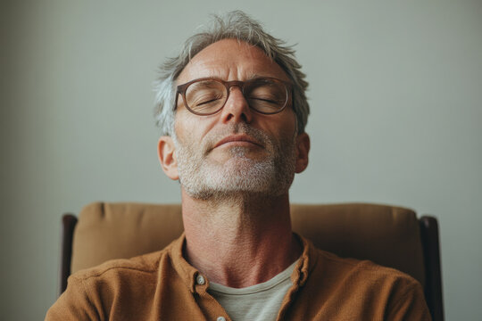 A middle-aged man with gray hair and glasses sits calmly with his eyes closed, appearing relaxed and peaceful.