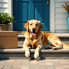 Golden retriever rests near delivery boxes on porch steps , golden, delivery, house