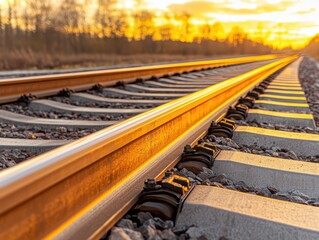 Obraz premium Civil engineering infrastructure analysis concept. Golden Hour Railway Tracks at Sunset Landscape