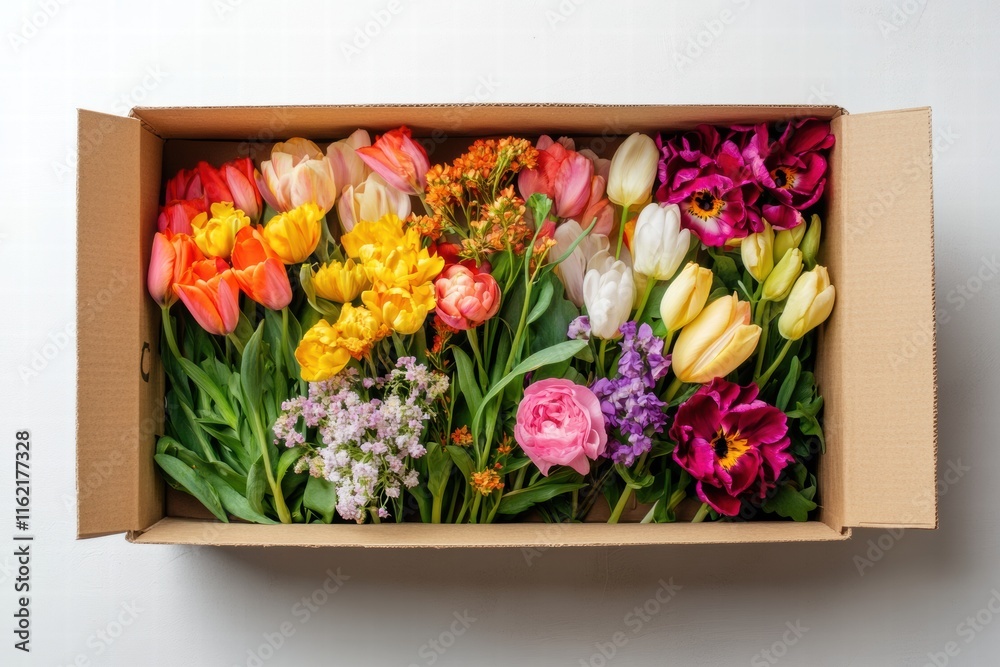 Poster vibrant fresh flowers arranged in a cardboard delivery box with room for text on a clean surface. ge