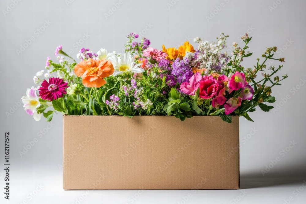 Poster colorful fresh flowers in a cardboard delivery box with plenty of space for your creative text place