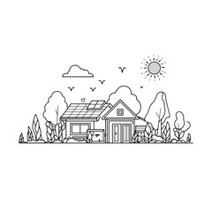 Illustration of a solar-paneled house in a sunny landscape