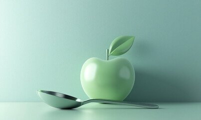 A glossy green apple with a leaf sits beside a silver spoon against a textured mint background.