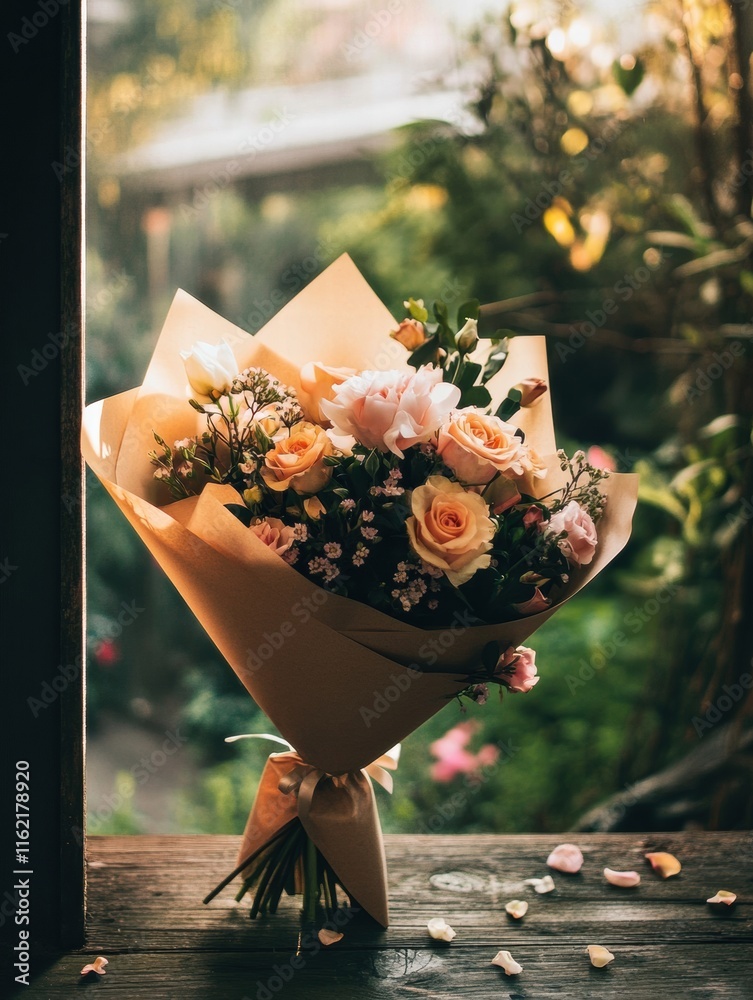 Poster beautiful bouquet of roses and flowers wrapped in kraft paper positioned in a serene outdoor setting
