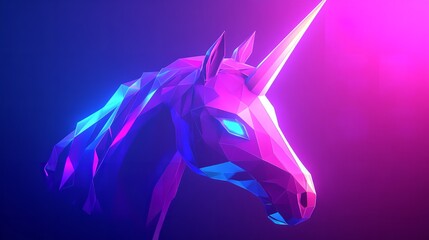 Fototapeta premium Neon glowing wireframe horse head against a purple background.
