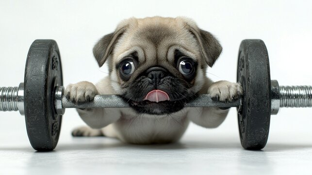 A cute pug lifting a dumbbell playfully. - Powered by Adobe