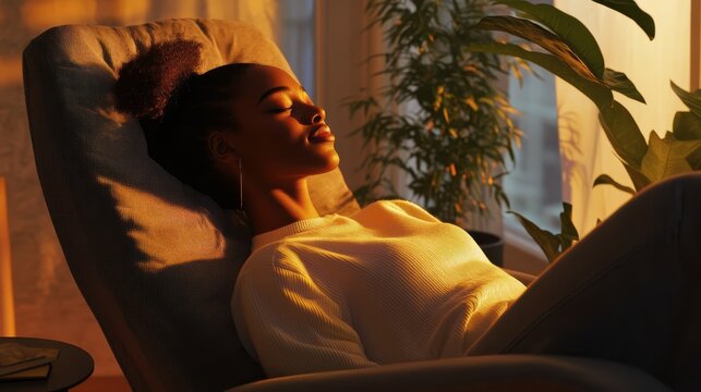 Peaceful smiling young Black woman resting in cozy soft armchair, breathing fresh air, enjoying being at comfortable home. Millennial girl reloading mind, practicing stress relief, mindfulness
