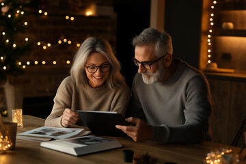 Happy senior couple watching digital photo album on tablet at home during christmas time