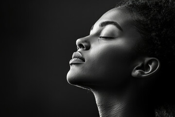 A serene black woman with eyes closed, head tilted back, showcasing her flawless skin and graceful neck.