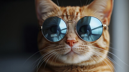 Naklejka premium cool orange tabby cat wearing reflective sunglasses, exuding charm and style