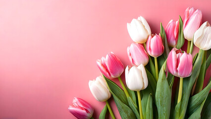 Obraz premium Delicate Pink And White Tulips Arranged On A Soft Pink Background