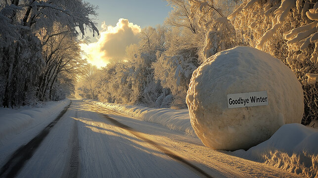 large snowball with "Goodbye Winter" inscription beside snowy road surrounded by trees during sunset