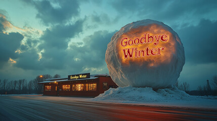 large snow sculpture saying "Goodbye Winter" beside roadside shop under dramatic cloudy sky