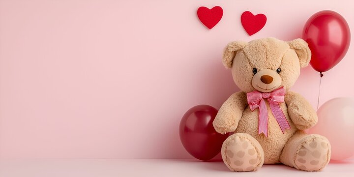 Naklejki Valentine's Day Banner teddy concept. Teddy bear with balloons and hearts on a pink background, perfect for love-themed designs.
