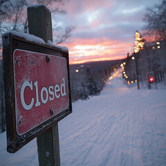 Closed ski slope sign at sunset during off-season.
