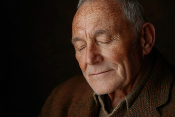 Obraz premium Close-up portrait of a serene elderly man with eyes closed, showcasing the texture of his aged skin and peaceful expression.