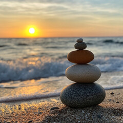 Fototapeta premium A serene image of balanced stones stacked on a beach at sunset, with waves gently lapping against the shore. The soft light and harmonious composition evoke feelings of balance, calm, and harmony.