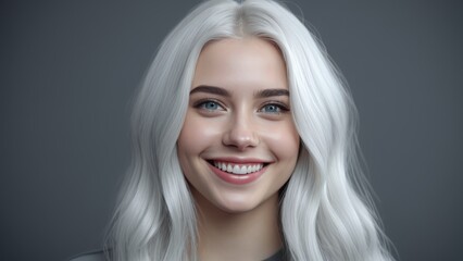 Naklejka premium smiling girl close-up with white hair looking at camera on gray background