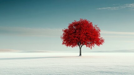 A serene image of a lone red tree in the middle of a vast snowy white landscape, evoking a sense of solitude and peace amid the quiet expanse of winter.