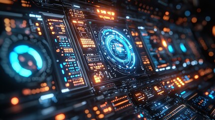 Obraz premium Futuristic control panel with glowing interfaces and data.