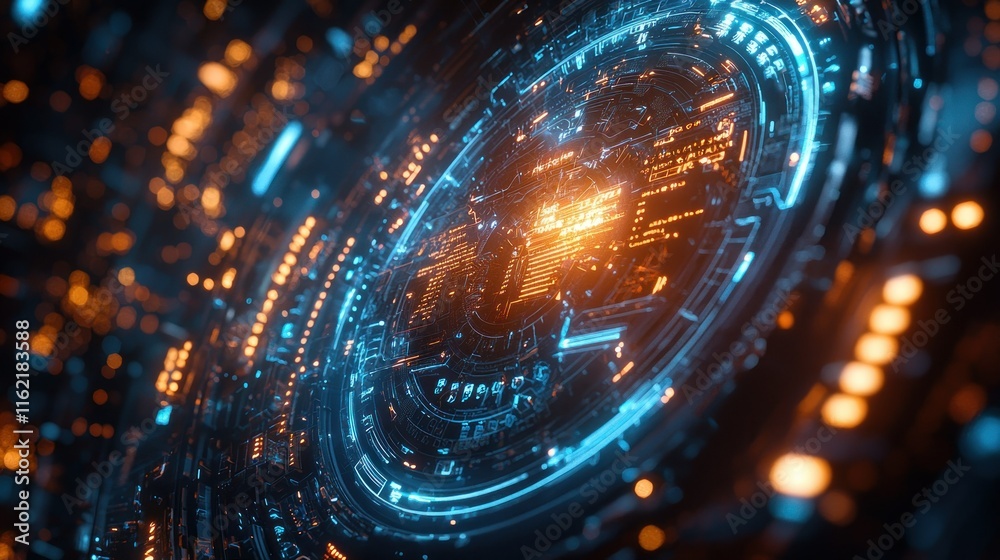 Poster abstract digital circuit design with glowing elements.