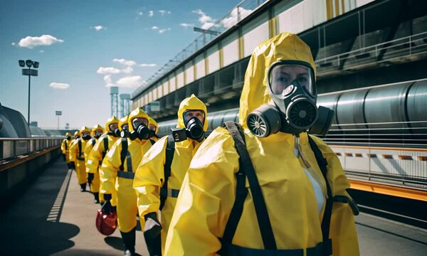 People in yellow hazmat PPE costumes walking near hazardous polluted radioactive atomic station nuclear power plant outdoors