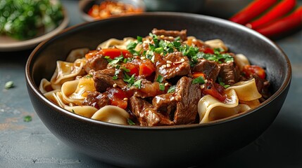 Braised meat and tender vegetables served over wide noodles for a comforting and hearty meal.