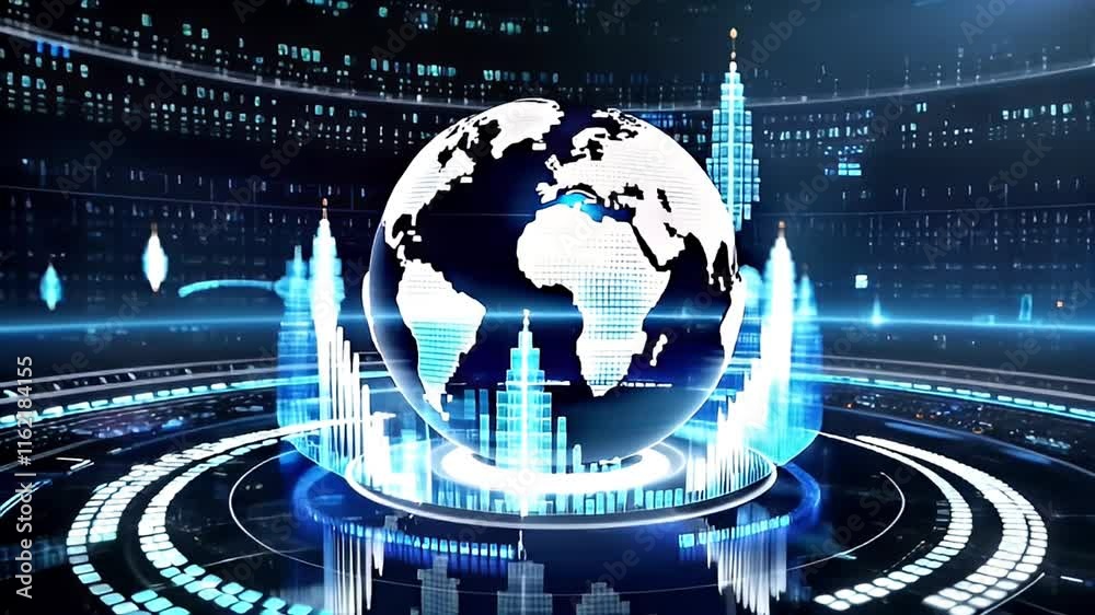 Poster exploring rotating globe binary data streams and digital visualizations showcasing global technology