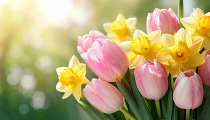 Obraz premium A vibrant arrangement of pastel pink tulips and bright yellow daffodils exudes cheerfulness, symbolizing the essence of spring and new beginnings, perfectly set against a dreamy background