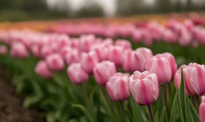 Colorful flower field in the foreground on a background, Generative AI 