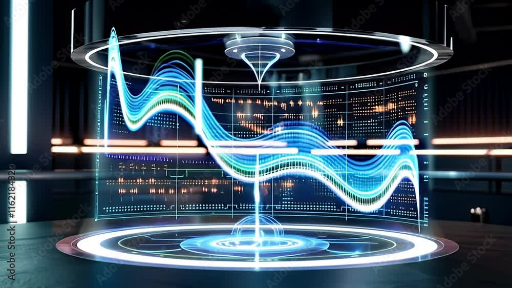 Poster visualization of predictive analytics glowing lines and curves on holographic chart showcasing data 