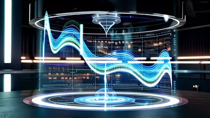 Visualization of Predictive Analytics Glowing Lines and Curves on Holographic Chart Showcasing Data Trends and Insights