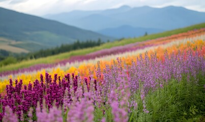 Colorful flower field in the foreground on a background, Generative AI 