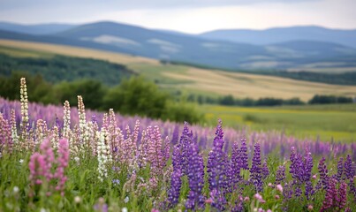 Colorful flower field in the foreground on a background, Generative AI 