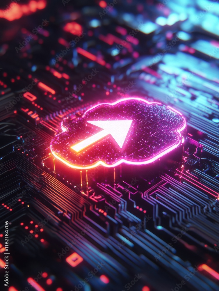 Poster cloud computing concept with bright digital cloud icon with arrow surrounded by microcircuit lines o