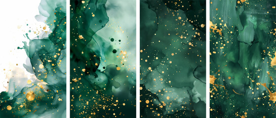 A set of four vibrant, abstract alcohol ink backgrounds showcasing a mesmerizing interplay of deep greens and gold glitter.