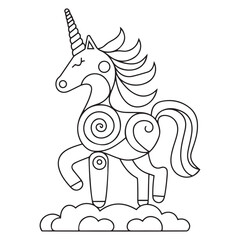 Cute cartoon pegasus. Pony princess. Unicorn. Black and white vector illustration for coloring book