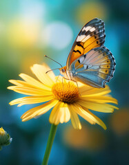 Fototapeta premium In a lively spring garden, a butterfly gracefully sips nectar from a cheerful yellow daisy, its colorful wings shimmering in the warm sunlight. Nature's beauty unfolds in vibrant detail