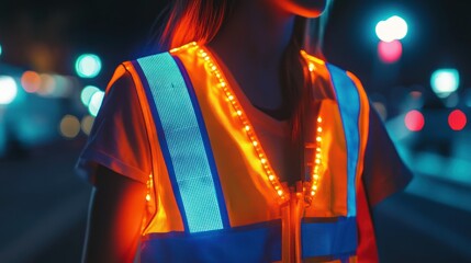 Naklejka premium Woman wearing LED safety vest at night.