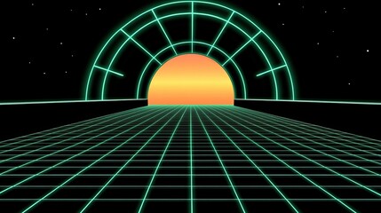 Retro Futuristic Grid Highway Sunset Tunnel Scene