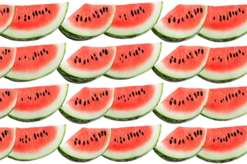 A pattern of watermelon slices arranged in a grid isolated on a white background, png transparent