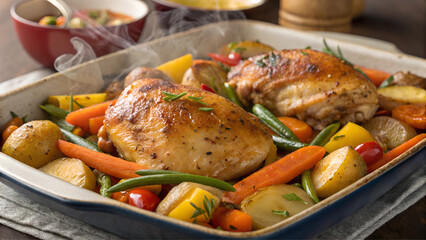 Fototapeta premium Baked chicken thighs with roasted vegetables