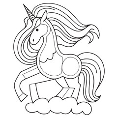 Cute cartoon pegasus. Pony princess. Unicorn. Black and white vector illustration for coloring book