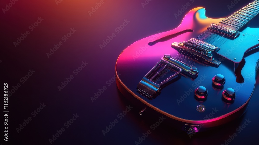 Poster stunning 3d guitar in vibrant colors placed on a dark surface illuminated by vivid lights. generativ