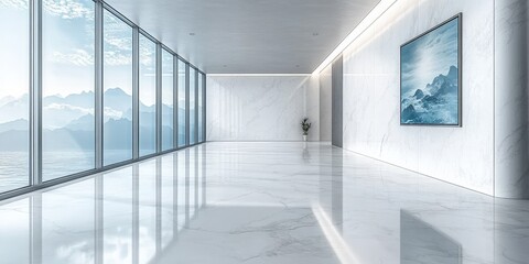 Obraz premium Modern spacious room with marble floor, large windows offering mountain view, and artwork on wall.