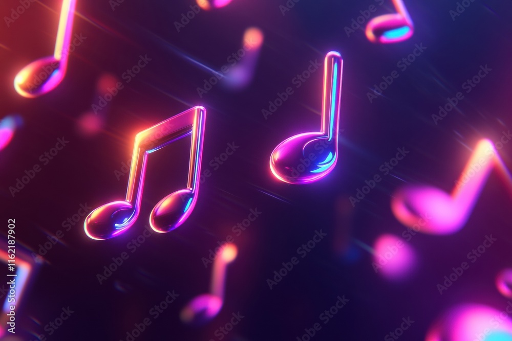 Poster colorful 3d music notes floating in a vibrant space during a lively party atmosphere at night. gener